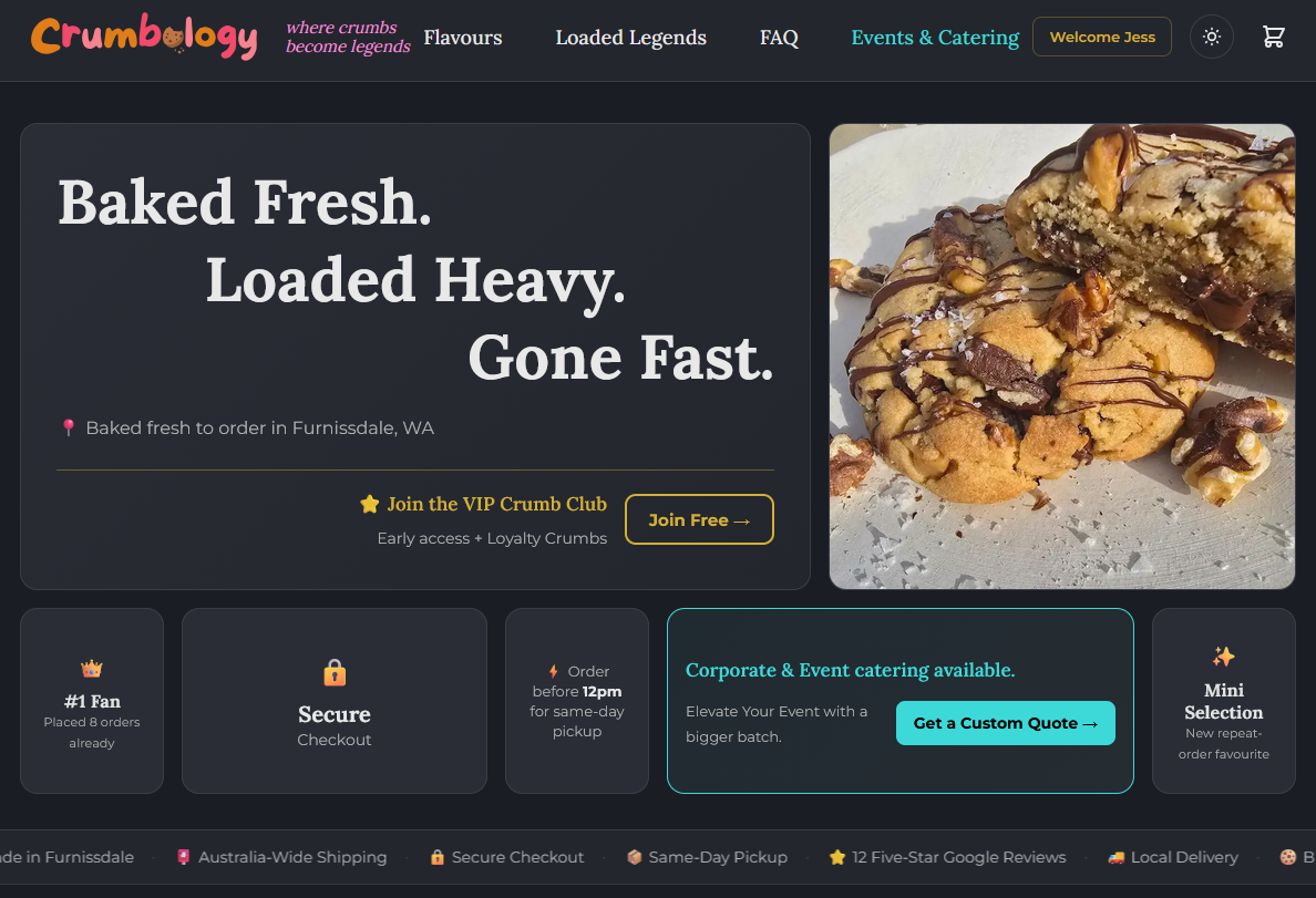 Crumbology website - dark mode bento grid layout