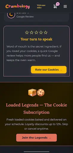 Crumbology website shown on mobile device — subscriptions